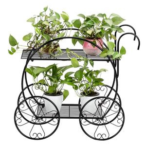Carrello Portapiante Nero a 2 Livelli a Forma di Carrello per Arredamento da Esterno con Maniglia - Product Image 1
