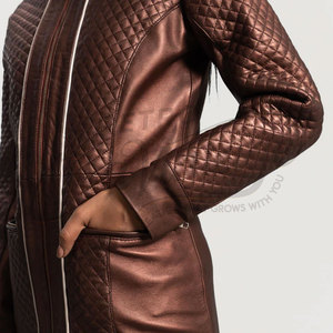 Premium Women Metallic Copper Real Leather Coat <b>Quilted</b> Diamond <b>Pattern</b> Slim Fit Sheepskin Long <b>Jacket</b> Collarless Elegant Blazer - Product Image 4