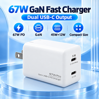 Chargeur mural pliable 67W GaN double USB-C PD à charge rapide pour ordinateur portable, tablette, téléphone et MacBook
