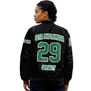 Veste bomber personnalisée Iota Phi Lambda pour femmes, noire, avec inscription grecque et blason sur le devant et le dos, fermeture éclair intégrale - Product Image 2