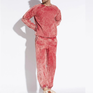 Men's Acid Wash <b>Pink</b> Tracksuit Set Loose Hip Hop Streetwear Crew Neck <b>Sweatshirt</b> Joggers - Product Image 2