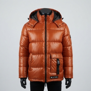 <b>Men</b> Orange Padded Hooded <b>Jacket</b> Glossy Quilted Warm <b>Utility</b> Pocket Zip Up Winter Coat OEM ODM Wholesale - Product Image 2