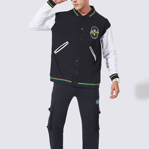 เสื้อแจ็คเก็ตวาร์ซิตี้สีดำสำหรับผู้ชาย แขนเสื้อสีขาว พร้อมป้ายโลโก้ปัก  ใส่สบายๆ ในฤดูใบไม้ร่วง ทรงปกติ คอปกพับได้ - Product Image 3