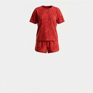 Women's <b>Red</b> Printed 2 Piece Shorts Set Short Sleeve Crew Neck Loose Fit Knitted Sportswear Casual Spring Summer Above Knee - Product Image 1