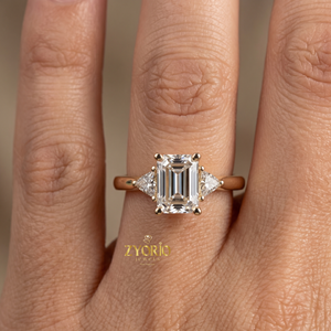 <b>Emerald</b> Cut Engagement <b>Ring</b> 925 <b>Silver</b> Three Stone <b>Ring</b> Trillion Side Stone Lab Grown Diamond <b>Ring</b> - Product Image 4