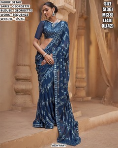 Adhyaay Blue Georgette Saree With Sequin Work <b>Blouse</b> Wedding Party Wear Women Indian <b>Sari</b> Regular Fit Floor Length - Product Image 2