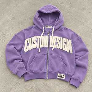 Sudadera con capucha extragrande personalizada con cremallera completa, letras grandes con apliques desgastados en el pecho, tejido de forro polar suave y estilo urbano relajado. - Product Image 1
