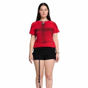 Women's <b>Red</b> Dip Dye <b>Crop</b> <b>Top</b> Short Sleeve O-Neck Knitted Breathable Casual T-Shirt Spring Summer Style - Product Image 1