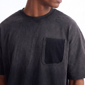 Trendy Custom Oversized Men's Washed Black Cotton Jersey <b>T</b>-<b>Shirt</b> With Contrast <b>Pocket</b> Solid Casual O-Neck Short Sleeve <b>T</b>-<b>Shirt</b> - Product Image 3