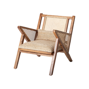Fauteuil d'appoint moderne du milieu du siècle en teck massif avec panneaux en rotin tressé, siège rembourré confortable, mobilier de salon pour l'hôtellerie - Product Image 1