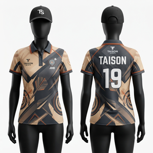 เสื้อดาร์ทผู้หญิงคุณภาพสูง 180 GSM ผ้าโพลีเอสเตอร์ซับเหงื่อ สีเบจดำ แบบแผง  พร้อมสกรีนโลโก้ตามสั่ง - Product Image 1