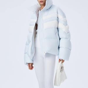 Light Blue Hooded Puffer Jacket Women <b>Men</b> Casual Winter Thick Windproof Color Blocking Zipper Closure Loose Fit Short Coat - Product Image 2