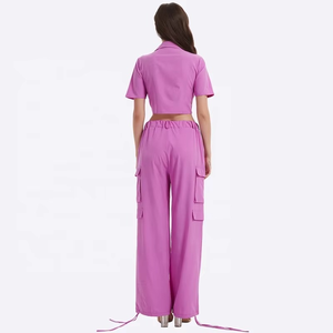 Cropped Shirt With Elastic Waist Wide Leg Cargo <b>Pants</b> Solid Color Short Sleeve Turn-<b>down</b> Collar Casual Summer Loose Fit - Product Image 4