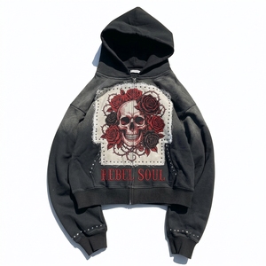 Sudadera con capucha personalizada de felpa francesa con gráficos y remaches, de algodón de alto gramaje, con cremallera, efecto vintage lavado ácido, descolorida por el sol, corta y con pedrería - Product Image 3