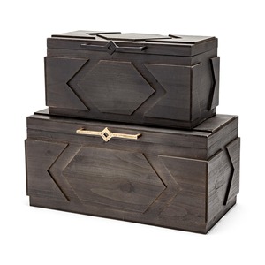 Ensemble de boîtes de rangement en bois modernes, 2 couches, rectangulaires, design sculpté, empilables, conteneurs pour articles divers, finition foncée, motif géométrique - Product Image 1