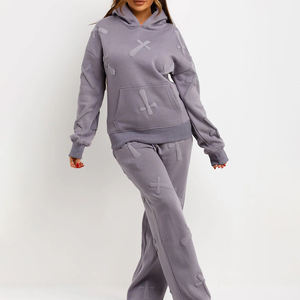 Conjunto Deportivo Personalizado para Mujer, Estilo Urbano, Otoño Invierno, Estampado Puff, Color Sólido, 100% Algodón, Pantalones Joggers con Capucha - Product Image 2