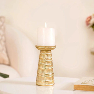 Elegant Metal <b>Candle</b> Pillar Holder With Gold Finish Round Shape Embossed Design Table Centerpiece For Home & Wedding Decoration - Product Image 1