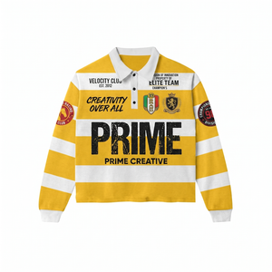 Camiseta de Rugby para Mujer, 280 GSM, Algodón y Poliéster, Paneles a Rayas Amarillos y Blancos, Bordado, Sublimación, Logotipo Personalizado - Product Image 1