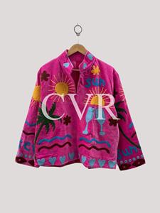 Abrigo Bohemio Rosa Bordado con Cuello Mandarín, Manga Larga, Talla Grande, Ropa de Verano para Mujer, Diseño Floral Hecho a Mano - Product Image 2