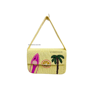 Bolso de Hombro Amarillo Hecho a Mano con Cuentas y Bordado de Tabla de Surf, Palmera y Limón, Estilo Bohemio, para Mujer, Verano - Product Image 1