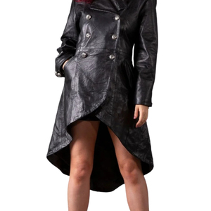 Manteau trench noir en similicuir asymétrique à double boutonnage, manches longues, longueur midi, col à revers, coupe-vent - Product Image 5