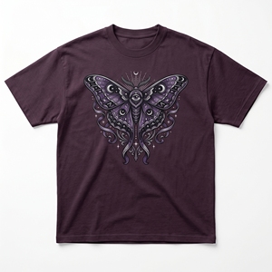 T-shirt Mystic Moth Eye |   T-shirt en coton épais 240 GSM violet prune foncé avec motif d'insecte céleste - Product Image 1