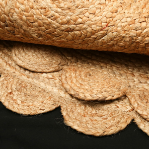 Square Rattan Bohemian <b>Rug</b> with <b>Scalloped</b> Edge Natural Color Handwoven Floor Mat Two Handles Eco-Friendly Tassel Fringe - Product Image 5