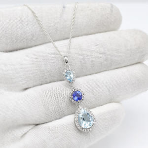 Colgante de Oro Blanco de 14 Quilates con Halo de Diamantes y Aguamarina y Tanzanita de 2.6 CTW, Auténtico, de Vendedor Verificado - Product Image 4