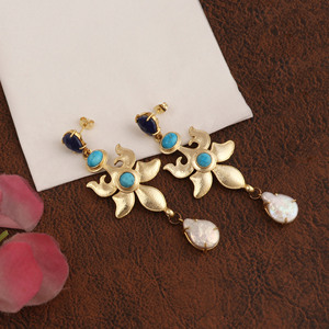 Lapis Lazuli Turquoise Pearl <b>Earrings</b> Gold Plated Dangle <b>Earrings</b> Handmade Statement Jewelry - Product Image 2