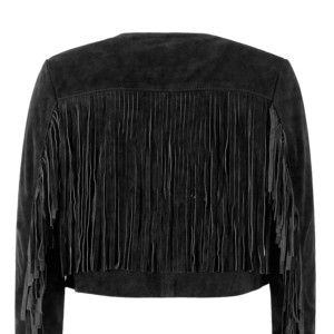 Premium Black Women Fringe <b>Suede</b> <b>Leather</b> <b>Jacket</b> Collarless Open Front Crop Length <b>Jacket</b> Sample And Customization Available - Product Image 5