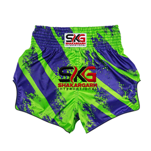 Pantalones Cortos de Muay Thai Verde Brillante y Morado, Pantalones Cortos de Artes Marciales, Cintura Elástica, Pantalones Cortos de Entrenamiento - Product Image 1