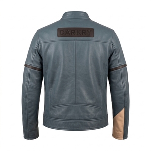 Steel Blue <b>Mens</b> Custom <b>Leather</b> <b>Jacket</b> <b>Brown</b> Armband Biker Riding Coat Real Cowhide Streetwear Outerwear Wholesale Factory - Product Image 2