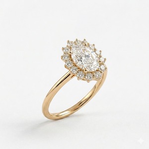 Bague de fiançailles élégante en or jaune 14 carats, style vintage, avec halo de diamants ovales, bijou de mariage, bague de promesse pour femme - Product Image 3