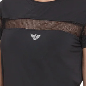 T-shirt de sport d'été pour femme en jersey noir, respirant, à manches courtes, avec dentelle et détails plissés, idéal pour la gym, l'entraînement, la course et le fitness - Product Image 6