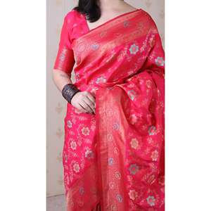 Sari en soie douce tissé Jaal Banarasi rose avec Zari doré et Meenakari Elite Weaves – Vêtement indien/pakistanais - Product Image 5