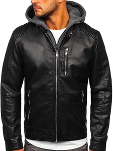 Men's Black PU <b>Leather</b> Hooded Moto <b>Jacket</b> with Zipper Closure and Side Pockets Autumn Windproof Style - Product Image 3