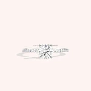 Anillo de Compromiso de Diamante Moissanite de Corte Redondo, Oro Blanco, Seis Puntas, Anillo Solitario con Pavé para Mujer, Joyería Nupcial de Promesa de Boda - Product Image 1