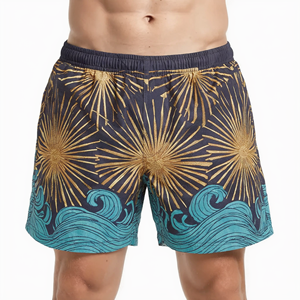 Short de bain pour homme bleu marine à imprimé étoiles dorées avec vagues turquoise, taille élastique, séchage rapide, style décontracté - Product Image 1