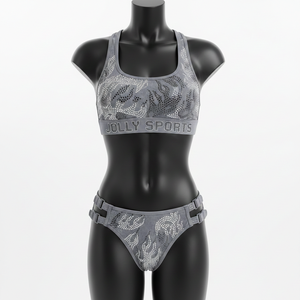 Traje de bikini de dos piezas para mujer, de nailon y spandex de alta densidad, color carbón brillante, con logo personalizado, ajuste moldeado y paneles con múltiples tiras. Bikinis para mujer. - Product Image 1