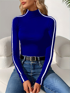 Pull à col rond pour femme, printemps automne, couleurs contrastées, t-shirt décontracté à manches longues, 100% coton biologique - Product Image 6