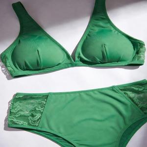 <b>Womens</b> <b>High</b>-<b>Waist</b> Microfiber <b>Bikini</b> Swimsuit V-Neckline Underwire Soft Stretch Lace Panels Quick-Dry Anti-UV Eco-Friendly Front - Product Image 5