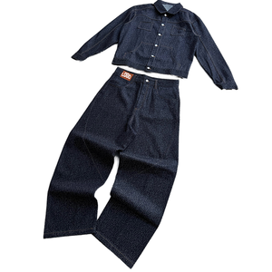 Unisex Dark Wash Denim Tracksuit Full Length Button Up Jacket Baggy <b>Pants</b> Casual Streetwear Set 100 Cotton Midweight - Product Image 1