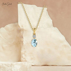 Pendentif en aquamarine naturelle 7x5mm et diamant avec collier en or massif 14 carats, vente en gros, bijoux de mariage - Product Image 4