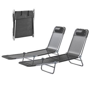 Set di 2 Sedie a Sdraio Pieghevoli con Schienale Reclinabile, Seduta in Rete Traspirante e Poggiatesta, Lettini Prendisole Neri - Product Image 1