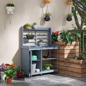 Comoda Stazione di Lavoro per Giardinaggio in Legno Grigio con Lavello e Rubinetto, Piano in Alluminio per Tavoli da Giardinaggio - Product Image 2