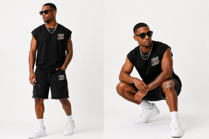 Custom Logo Men's Oversized Sleeveless Tank <b>Top</b> and <b>Distressed</b> Denim Shorts Set Cotton Muscle Tee oversized sleeveless - Product Image 2