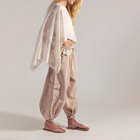 Pantalon de survêtement décontracté beige en molleton de coton pour femme, coupe ample, taille élastique, longueur cheville, style printemps, couleur unie, effet délavé vintage, avec poches