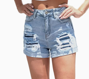 Shorts de Mezclilla Rasgados de Cintura Alta para Mujer, Corte Regular, Lavado Claro, Cierre con Cordón, Tejido de Punto, Suave y Transpirable, para Verano - Product Image 2