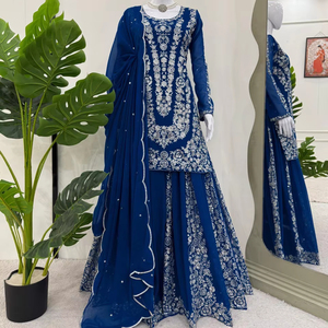 HENIXA CREATION Ensembles de costumes Sharara traditionnels coupe ajustée avec dupattas ornés, séchage rapide pour mariages, festivals et fêtes - Product Image 1