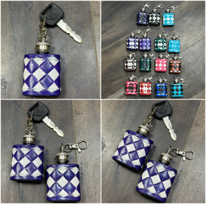 Stylish Genuine Leather <b>Mini</b> Keychain Flask Checkered Pattern Hip Flask Portable Pocket Bottle with Key Ring Wholesale Gift Item - Product Image 3